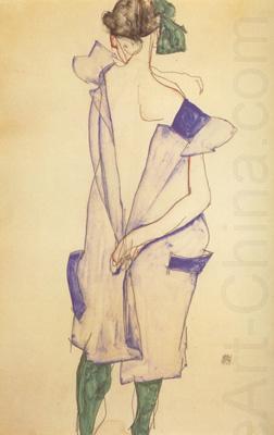 Standing Girl in Blue Dress and Green Stockings.Back Viwe (mk12), Egon Schiele